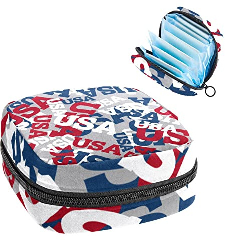 USA Muster Weiß Rot Marineblau Periode Tasche Tragbar Tampon Aufbewahrungstasche für Damenbinden, Mehrfarbig, 4.7x6.6x6.6 in/12x17x17 cm