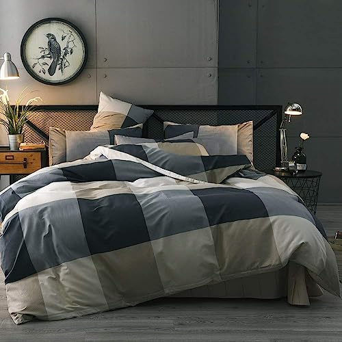 LifeTB Cotton Plaid Duvet Cover Geometric Grid Checkered Bedding Sets Modern Style 3 Piece Plaid Comforter Cover for Men Women Cotton Grid Duvet Cover Bedding Sets with Zipper Ties, Full(80''x90'')