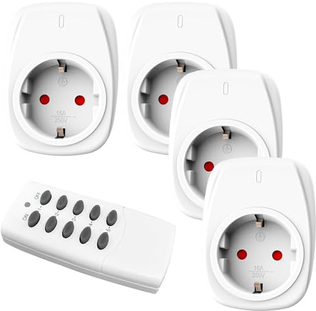 HBN 4 enchufes inalámbricos con 1 mando a distancia, 16 A/3.680 W, juego de enchufes para decoración navideña, electrodomésticos, alcance de 30 m, color blanco