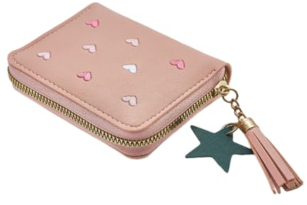 IFUDE Süße Geldbörse für Mädchen und Jungs Damen mini Portemonnaie aus weichem PU Leder mit Reißverschluss,Und Sternquaste Anhänger Münzfach und Kartenfächern (Rosa)