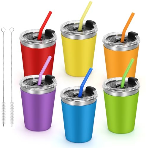 Pleasthome 6pack Spill Proof Cups for Kids, 12oz Kids Cups with Straws and Lids Colorful Silicone Sleeves Spill Proof for Cold & Hot Drinks, Unbreakable Stainless Steel Water Tumblers (6)