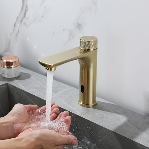 XJTNLB Wasserhahn mit Sensor Bad Gebürstetes Gold Infrarot Sensor Wasserhahn mit Einstellbarem Temperaturbegrenzer Wasserhahn Badezimmer