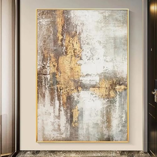 ZMFBHFBH Großes beige-goldgraues abstraktes skandinavisches Wandkunst-Ölgemälde für Wohnzimmer, große Gemälde, graue Goldfolienmalerei, 90 x 125 cm/(35 x 49) mit goldenem Rahmen