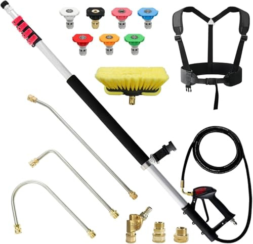 Baguette télescopique pour nettoyeur haute pression de 7,3 m avec baguettes d'extension pour nettoyeur haute pression, tête de brosse, nettoyeur de gouttière, 7 embouts de buse de pulvérisation, 2