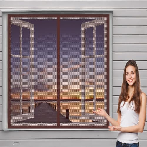 Magnet Fliegengitter Fenster 118 x 175 cm Insektenschutzgitter Kein Bohren Kinderleichte Montage Magnetvorhang für Balkontür Terrassentür, Braun