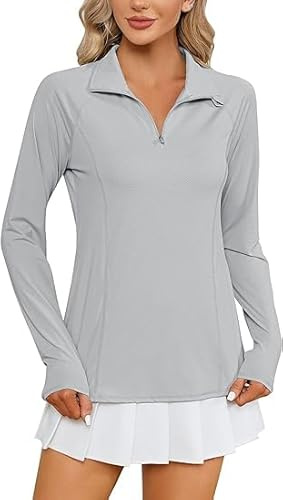 IECCP Poloshirt Damen Langarm Golf Polohemd UV Schutz Shirt Schnelltrocknend Leicht Sport Poloshirt Golf Tennis Polohemd Activewear Atmungsaktiv Outdoor T-Shirt Grau M