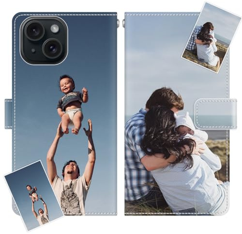 JGOYGYI Personalisierte Leder Handyhülle kompatibel mit iPhone 14 15 13 12 11 Pro 8 7 6 Plus 13 12 11 Mini XS Max XR X SE 6s 5s,Individuelle Text Bildern Foldable Flip Klapphüllen Case hülle