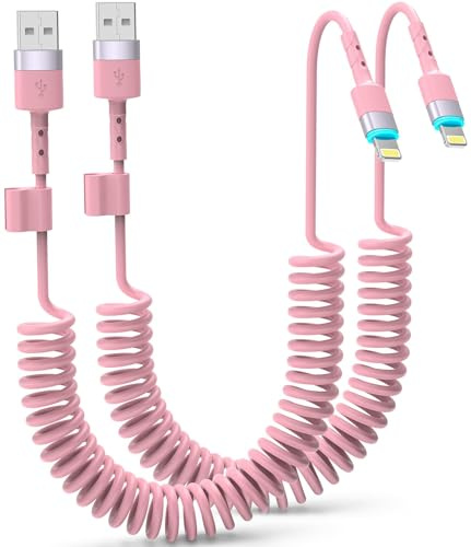 Spiral Cable USB Lightning Cable, Pink 2 Pack Short iPhone Charging Cable Car [MFi Certified], Carplay Cable with Data Synchronisation for iPhone 14 13 12 11 Pro Max X XS XR 8 7 6 Plus Mini SE Air