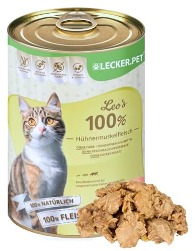 Lecker.Pet® | 6 x 400 g Leo's 100% Hühnermuskelfleisch Katzen Nassfutter | Hochwertiges Katzenfutter aus Huhn | Getreidefrei & ohne Zuckerzusatz | Natürlich & ohne Zusatzstoffe | Reich an Proteinen