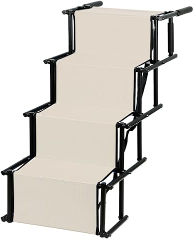 OHMG Hundetreppe Auto,Hunderampe Auto klappbar,Einstiegshilfe Hund Auto,Rampe Hund,Treppen/Stufen Für Hunde mit verstellbaren Stufen,Bis 75 kg Für alle Fahrzeuge nutzbar (Beige, 45 * 139 * 56-76CM)