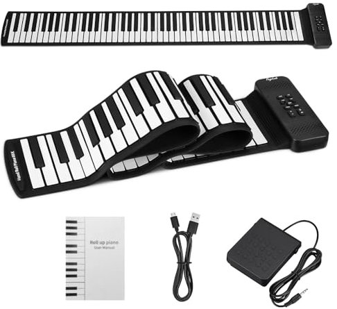 POGOLAB Aufrollbares Keyboard-Piano 88 Tasten, E Piano 88 Tasten für Anfänger, mit 14 Demo/128 Rhythmen/128 Hochwertige Sounds/Fußpedal/Bluetooth, Wiederaufladbar Rollpiano Erwachsene 88 Tasten