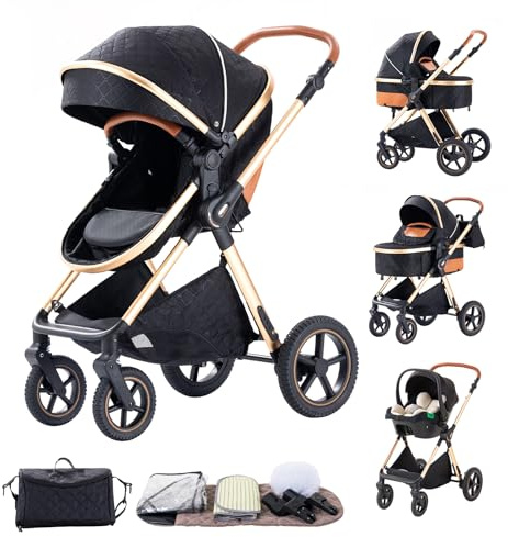 BEBBY Multifunzionale Carrozzina Passeggino Trio Combinazione Passeggino 3 in 1 Passeggino Ovetto Pieghevole Set Passeggino Neonato Sedili Parapiedi Zanzariere H2-BLACK