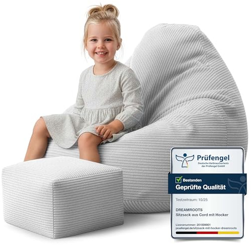 DreamRoots Sitzsack Kinder Cord 70x70x70 cm, Storm Gray | Bean Bag Sofa, 70x70x70 cm, mit Hocker & Bezug, mit Füllung, waschbar, für Kinder & Kinderzimmer