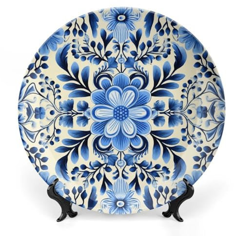 JTKBNVM 15,5 cm blaue Folk-Kunst-Dekoteller aus Knochenporzellan, dekorative Keramik-Teller mit Präsentationsständer, handgefertigte Keramik-Ornament für Zuhause, Büro, Dekoration, runde Teller,