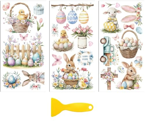 Peacoblue UV DTF Rub-On Transferfolie Möbel-Sticker Frühling Ostern und Hase Muster 15x30cm, 3 Stk. Wasserfeste Deko-Transferaufkleber für Möbel Glas Porzellan Wäscheschränke Kommoden Holz Kunststoff | 3er Set UV DTF Transfersticker 15x30cm, Wasserfeste Dekorfolie für Möbel, Schubladen, Holz, Glas und Keramik