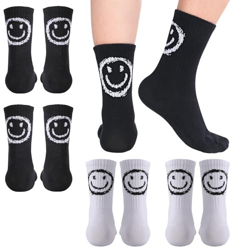 Utensilsto 4 Paar Tennissocken Damen 39-42 Sportsocken Damen Baumwollesocken lustige Socken Geschenke Socken Strümpfe mit lächeln Motiv(Weiß+Schwarz)