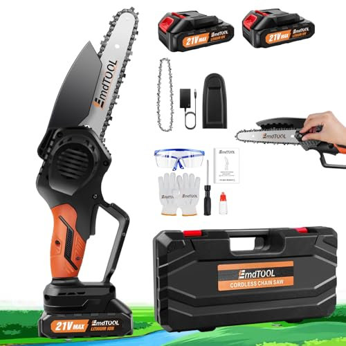 Mini tronçonneuse électrique de 1500 mAh avec 2 batteries de 1500 mAh, portable, sans fil, 21 V, pour sécateur, élagueur, coupe du bois, orange