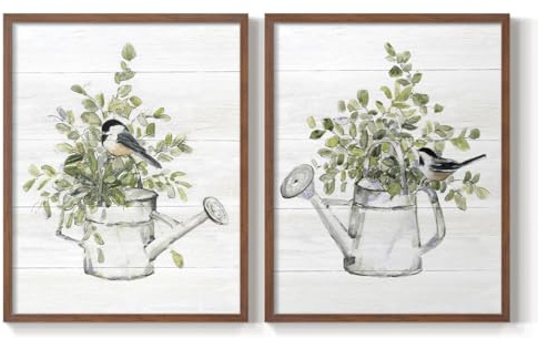 Renditions Gallery Set of 2 Peel & Stick Framed Prints, Garden Wall Art, Vintage Watering Can with Bird Wall Decor, Re-Stickable - Ready to Hang - 11x14 - Walnut Frame LT590