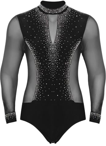 renvena Men's Latin Dance Costume Long Sleeve Ballroom Dance Leotard Unitard Tango Jazz Skating Bodysuit Tops