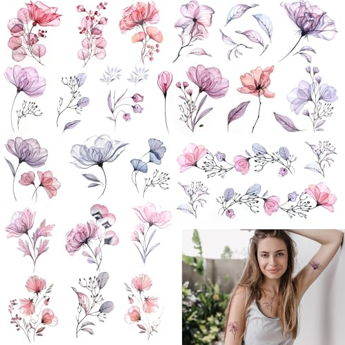 JJUNW 20 Blätter Blumen Temporäre Tattoos Wasserfeste Fake Tattoo Aufkleber | Fake Tattoos Aufkleber für Erwachsene Aquarell Blumenblätter Klebetattoos Realistische Bunt Flower Haut Tattoo