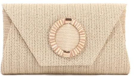 BWBIKE Women's Raffia Woven Clutch Purse – Elegante Umhängetasche aus Stroh für Sommer, Strand, Hochzeiten und formelle Partys, Envelope Handtasche mit abnehmbarem Kettenriemen