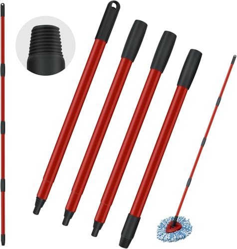 XINSHIKEJI 1 manche de balai rotatif de rechange compatible avec le balai à franges Vileda Spin Turbo, 4 sections de 38,1 cm à 147,3 cm, manche réglable en acier inoxydable pour nettoyage du sol