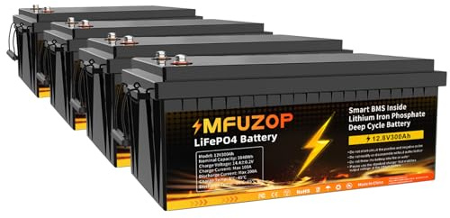 MFUZOP 12V 300AH LiFePO4 Batterie, 200A BMS, MAX 2560W Leistung, 15000+ Zyklen Deep Cycle, Unterstützt Serien/Parallelschaltung, Max.3840Wh Energie für Solar, Wohnmobil, Off-Grid (12V300AH*4Pcs)