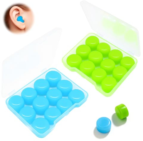 24 tapones para los oídos para dormir, para nadar | tapones de silicona contra el ruido, moldeables y reutilizables (12 azules, 12 verdes) – para oficina, tren, concierto y viaje en avión – hipoaler