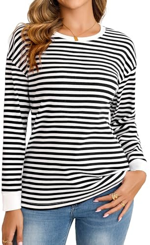 Totatuit Damen Gestreiftes Langarmshirt mit Rundhals für Herbst | Baumwollkomfort, lockere Passform, lässiges Sweatshirt, ohne Kapuze, für Winter Büro, kombinierbar mit Jeans Rock oder Jacke