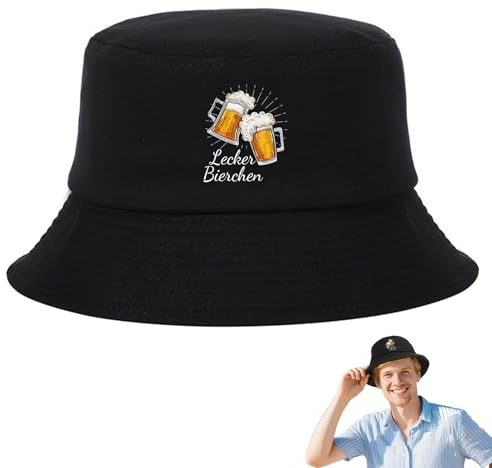 Lecker Bierchen Fischerhut, Schwarz Lustiger Bier Hut mit Bier Gedrucktes,Baumwolle Einheitsgröße Bierhut für Männer und Frauen,Bier Liebhaber Geschenk für Oktoberfest, Strand, Party, Outdoor Sport