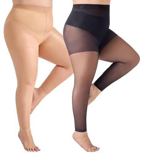 Yilanmy 2 Pairs Footless Tights for Women Plus Size Sheer Tights 40 Denier Tummy Control High Waisted Pantyhose