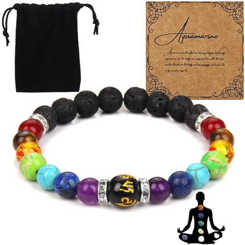 Teouuas Chakra armband, naturliga lavapärlstenar, elastiskt Reiki-yogaarmband med smyckesväska, betydelsepapper, hållbart för män och kvinnor, balans och helande