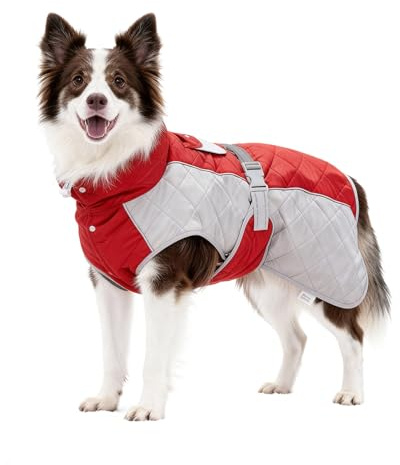 BECROWM Hundemantel mit reflektierendem Design, Winddicht und wasserdicht, verdickter Kragen für Windschutz, verstellbare Schnalle, Winterjacke Hunde (Rot/Grau, S (50,8-61 cm))