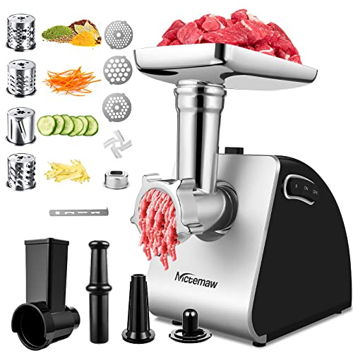 Elektrischer Fleischwolf 2000W | Profi Wurstmaschine mit Wurstfüller, Keksaufsatz & Kibbe-Aufsatz – 3 Edelstahl Lochscheiben, 4 Kegel-Klingen – Für Hackfleisch, Gemüse, Käse & Spritzgebäck,Schwarz