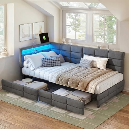 Letto imbottito singolo 90x200 cm, letto da giorno per bambini con LED e USB, letto singolo con rete a doghe, letto singolo con 2 cassetti, letto per ragazzi con spazio di archiviazione