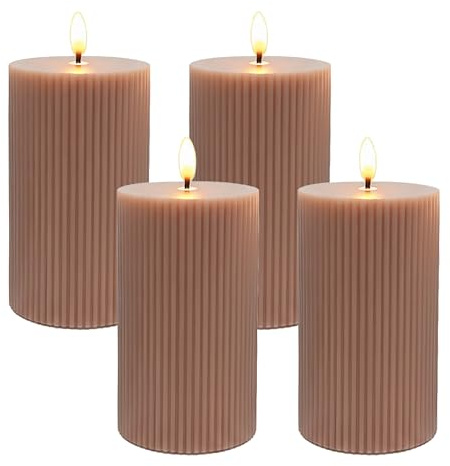 Relaxdays LED Kerzen, 4er Set, HxD: 13 x 7,5 cm, flackernde Flamme, Echtwachs, Rillen, flammenlose Blockkerzen, Altrosa