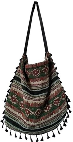 XPJYUA Fransväska Vintage Boho Dam Axelväska med Fransar Hippie Tofsar och Öppen, Blå, Talla única