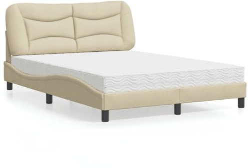 QUAHEAS Hvar Säng med madrass, 140 x 190 cm, gräddfärgat tyg, vågformsdesign, komfortskummadrass med H2/H3 hårdhetsgrad, modern sovrum sängram