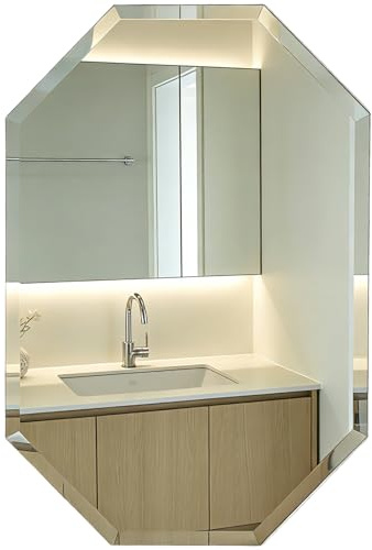 evergoods Octagonal Bathroom Mirror 60 x 40 cm, Frameless Bevelled Wall Mirror, Modern Decorative Vanity Mirror, Vertical or Horizontal Hanging for Bathroom, Bedroom, Hallway, Living Room