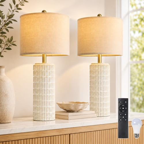HEMVOR 2er Set Tischlampen mit Keramikfuß Leinenschirm, H57cm LED Nachttischlampe mit Timer Speicher Dimmbar 3 Farbtemperaturen, Tischleuchte für Schlafzimmer Wohnzimmer Büro Lese(Inkl. E27-Birnen)