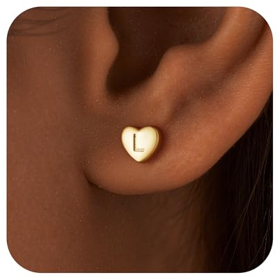 Turandoss Boucles d'oreilles en or en forme de cœur avec lettres pour filles - Boucles d'oreilles clou en or 14 carats lettres A - Z, boucles d'oreilles en forme de cœur pour enfants, cadeaux