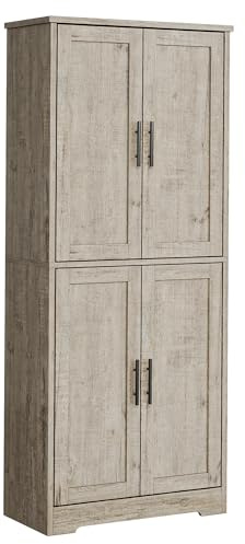 Garvee 70 Tall Kitchen Pantry Cabinet with 4 Doors Adjustable Shelves, Freestanding Food Storage Cabinet with Anti-toppling Device, Farmhouse Cabinet for Kitchen Dining Bathroom, Light Grey