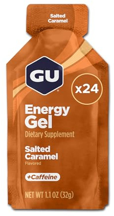 GU Original Energy Gels, Salted Caramel 24 Pack - 100 Calorie Energy Gel with Carbohydrates, Caffeine, BCAAs and Electrolytes - Pre-Workout Fuel for Running, Cycling, Triathlon and Endurance Sports