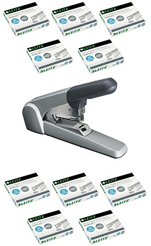 Leitz 55520084 Starkes Flachheftgerät (60 Blatt, Für dicke Papierstapel, Metall mit Kunststoffgehäuse) silber (mit 10.000 Klammern, Flachheftgerät)