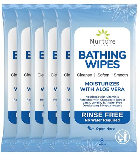 Nurture Valley Rinse Free Bathing Wipes (6-Pack) | 48 Microwavable Adult No Water Rinse Free Wash Cloths with Aloe Vera and Vitamin E - 6 Packs of 8 Wipes | Gentle cleansing moist towels offer soothing daily hygiene comfort for sensitive dry skin, disabled or bedridden elderly