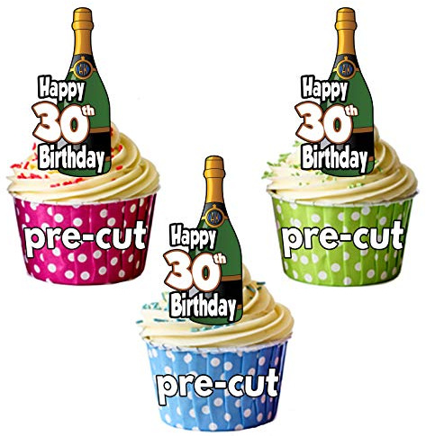 AK Giftshop Happy 30th Birthday Champagne Bottles - Precut Edible Cupcake Toppers/Cake Decorations - Mens - Ladies - Celebrations - Party (Pack of 12)