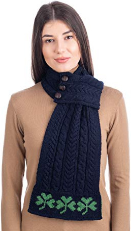 SAOL - Donna - Sciarpa Aran Loop con motivo a trifoglio - 100% lana merino, Navy, taglia unica