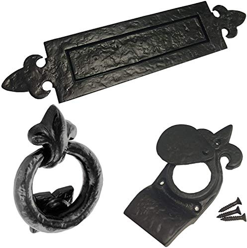 Briefkastenschild Fleur de LYS, Zylinder Pull and Ring Türklopfer Set, Antik Schwarz