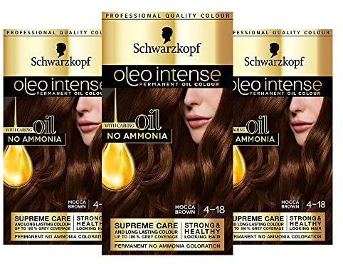 Schwarzkopf oleo intense Haarfarbe, Dreierpack, Permanente Ölfarbe, ohne Ammoniak, deckt Grau ab, Mokka Braun 4-18
