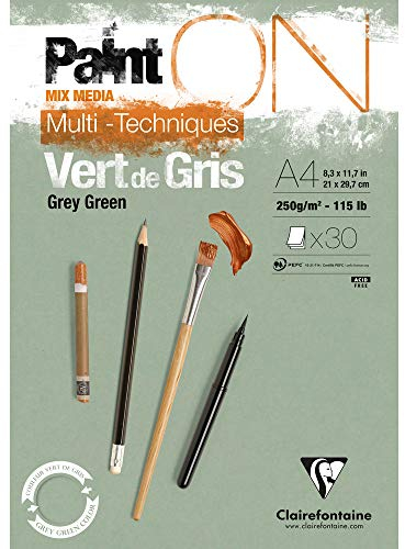 Clairefontaine - Ref 975705C - Paint'ON Multi-Technique Grey Green Glued Paper Pad (30 Sheets) - A4 Size, 250gsm Heavyweight Paper, Slight Rough Grain, Acid Free, pH Neutral